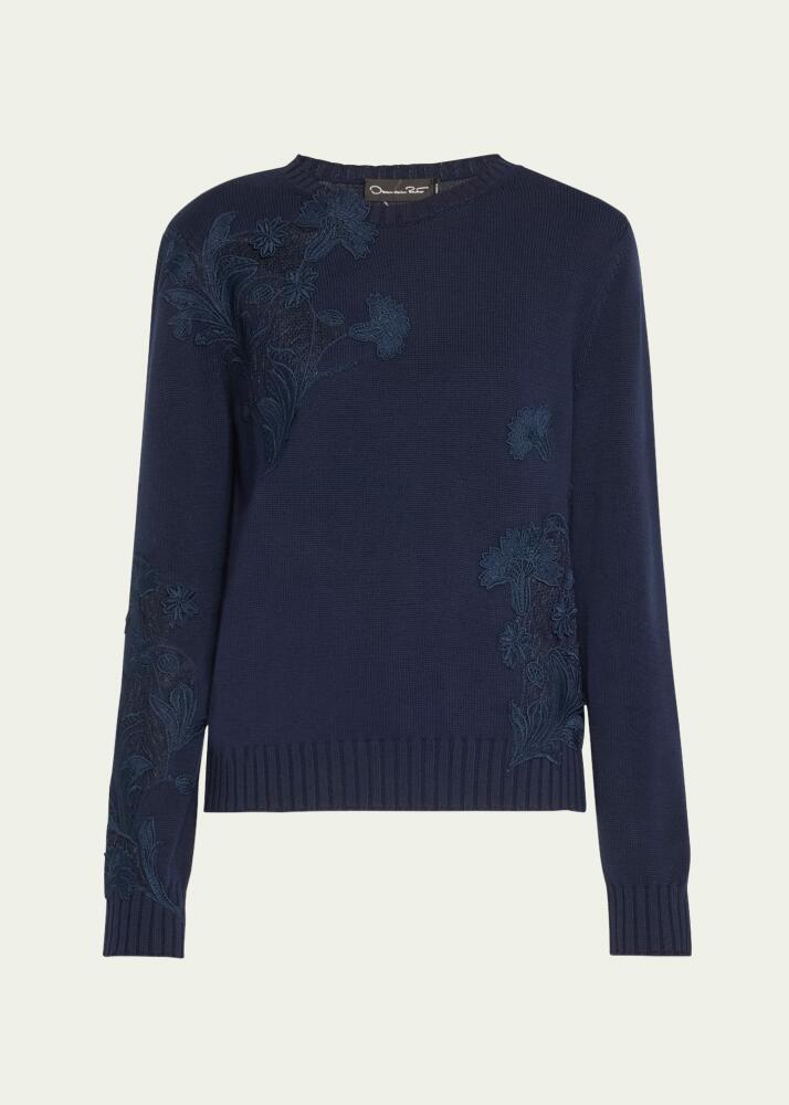 Oscar de la Renta Floral Guipure Inset Crewneck Sweater Cover