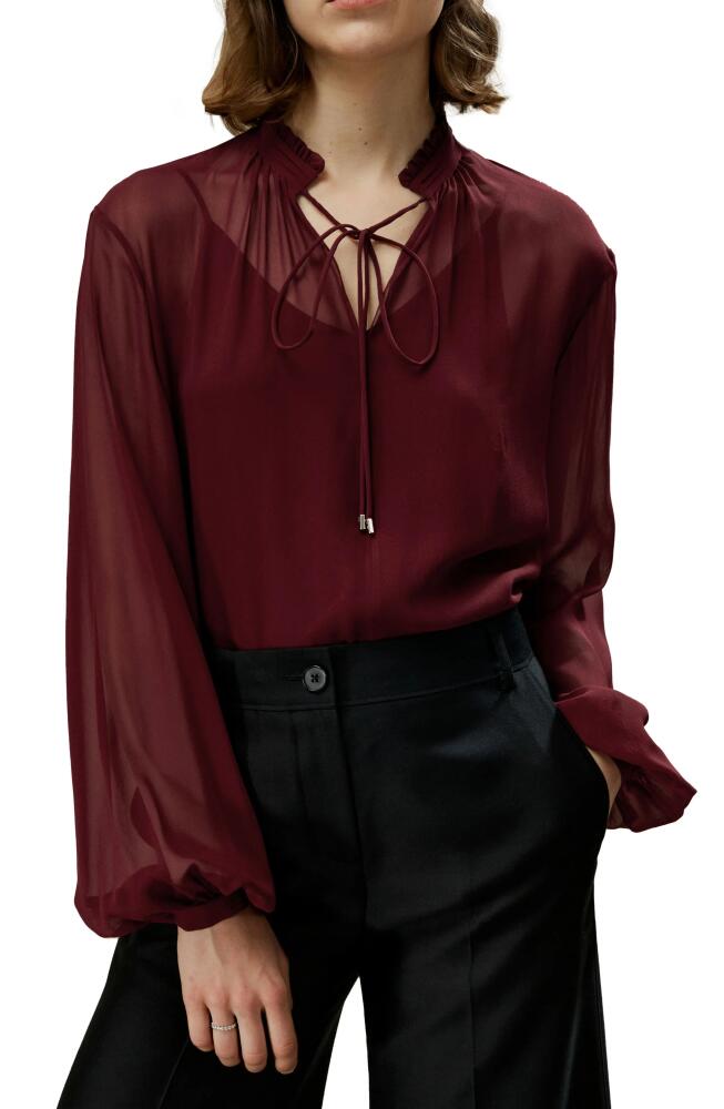 Lilysilk Tie Front Drawstring Georgette Blouse in Oxblood Cover