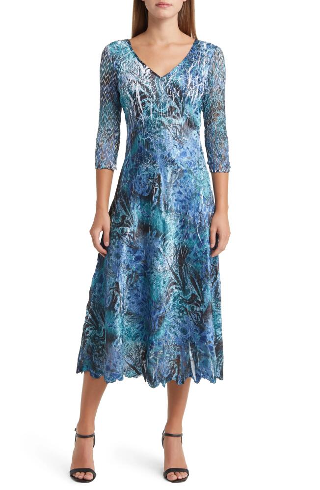 Komarov Abstract Print Charmeuse & Lace Cocktail Midi Dress in Teal Safari Cover