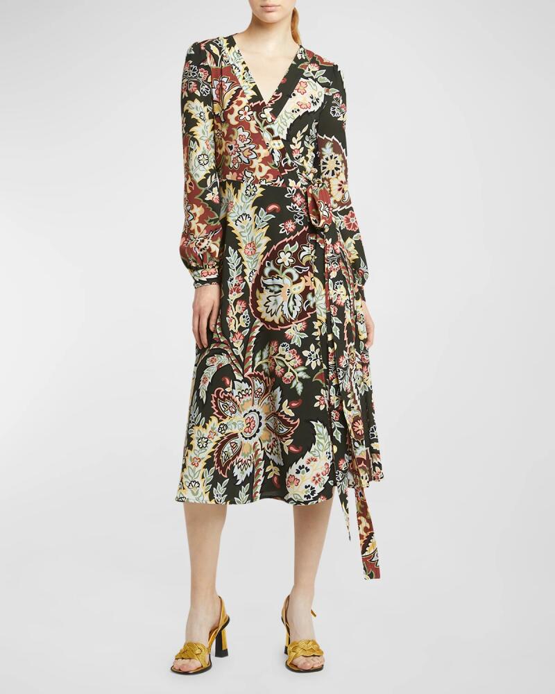 Etro Blossom-Print Long-Sleeve Midi Wrap Dress Cover