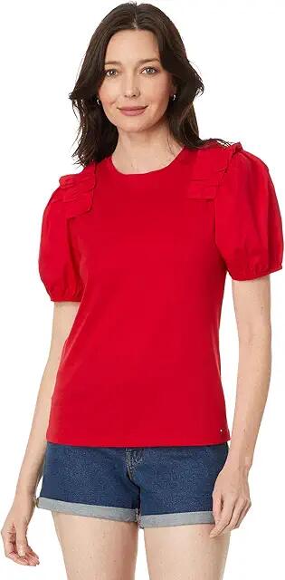 Tommy Hilfiger Mixed Meida Puff Sleeve Top (Scarlet) Women's Clothing Cover