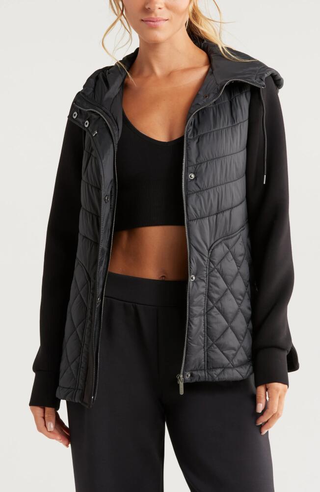 Zella Hybrid Quilted Scuba Hooded Jacket in Black Cover