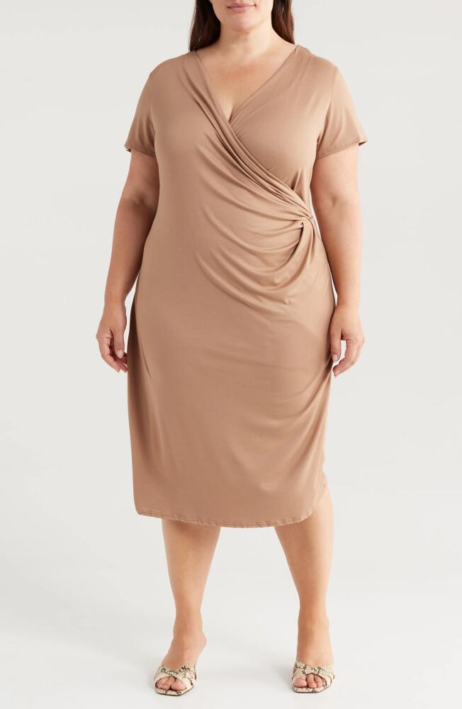 24seven Comfort Apparel V-Neck Stretch Faux Wrap Dress in Taupe Cover