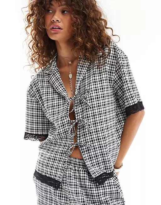 Reclaimed Vintage tie up gingham shirt with lace trim-Multi Cover