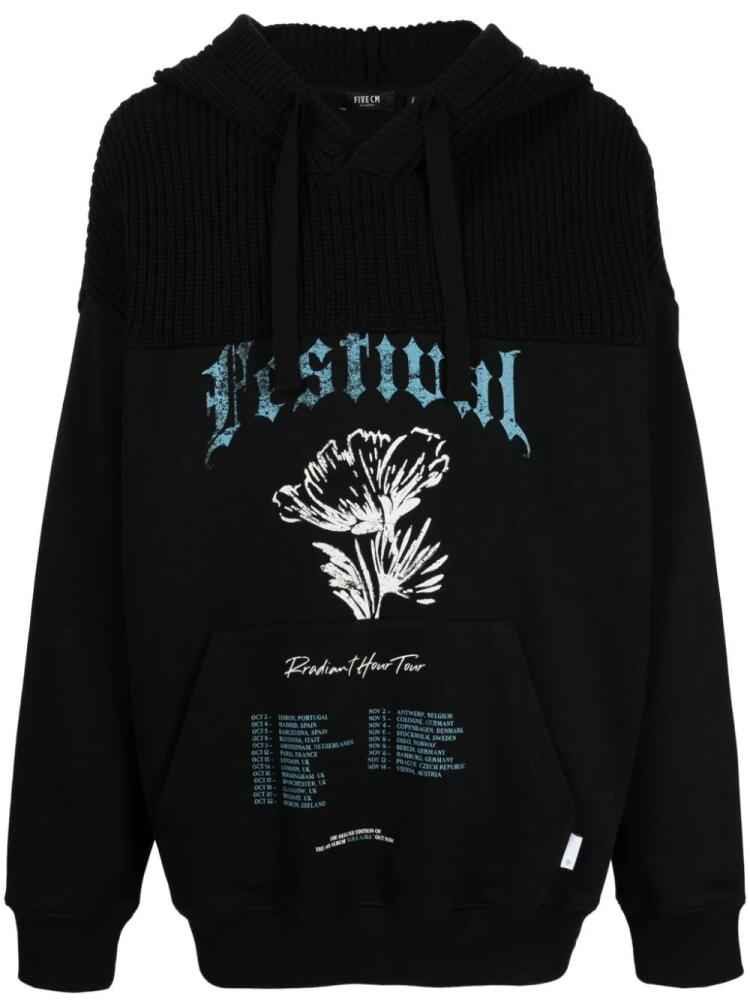 FIVE CM graphic-print panelled drawstring hoodie - Black Cover