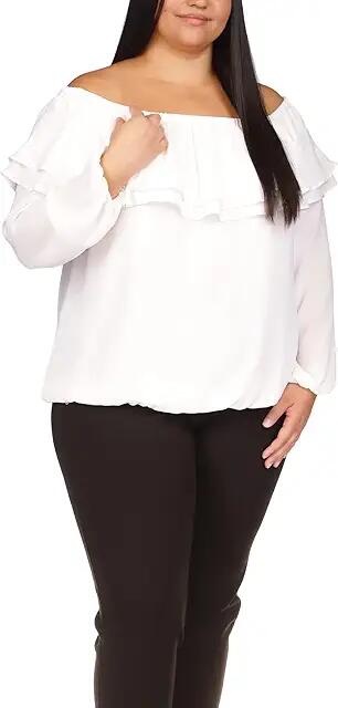 MICHAEL Michael Kors Plus Size Short Sleeve Ruffle Peasant Top (White) Women's Blouse Cover