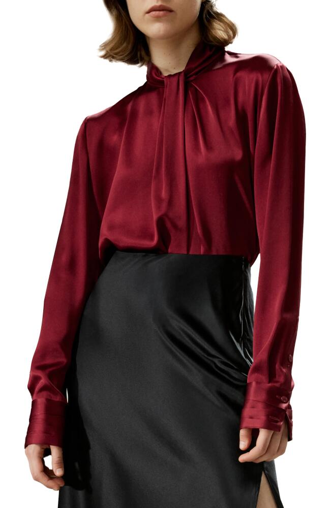 Lilysilk Asymmetrical Embellished Pleats Silk Shirt in Barbados Cherry Cover