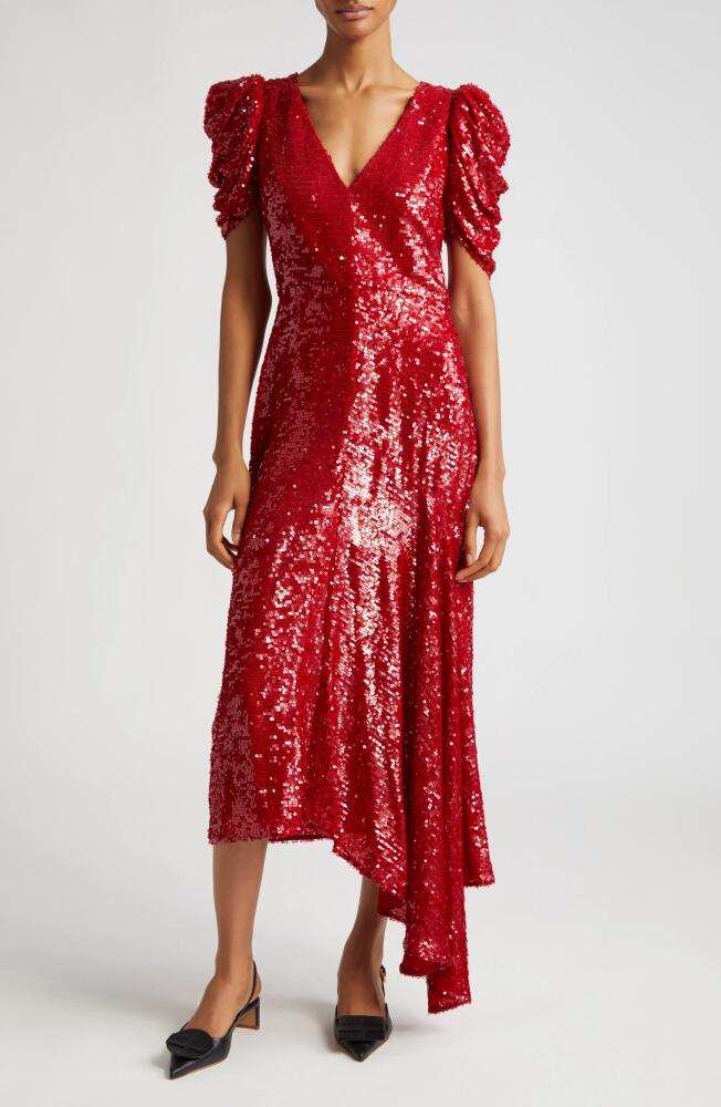 Erdem Gathered Sleeve Asymmetric Sequin Gown in Ruby Red Cover