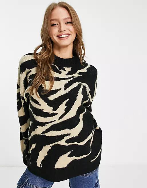 Monki oversized jacquard sweater in beige and black zebra-Multi Cover