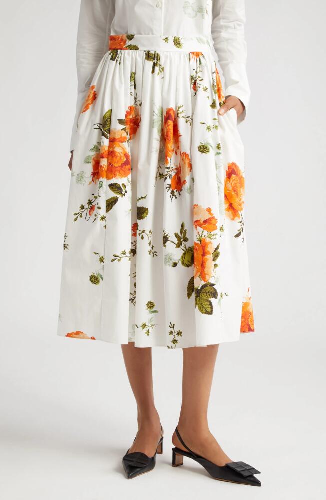 Erdem Floral Print Pleated Cotton Poplin A-Line Midi Skirt in White Cover