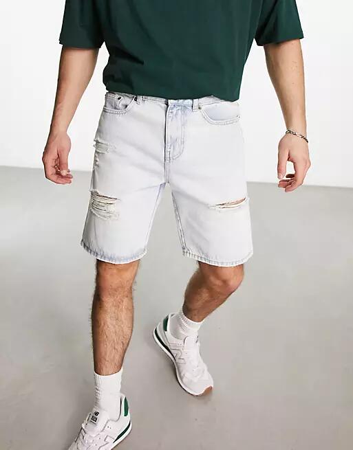 New Look straight fit denim shorts with raw hem in light blue Cover