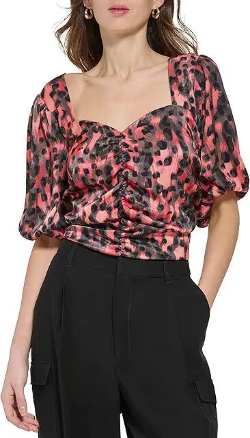 DKNY Short Sleeve Printed Satin Ruche Front V-Neck Crop Blouse (Persimmon Multi) Women's Clothing Cover