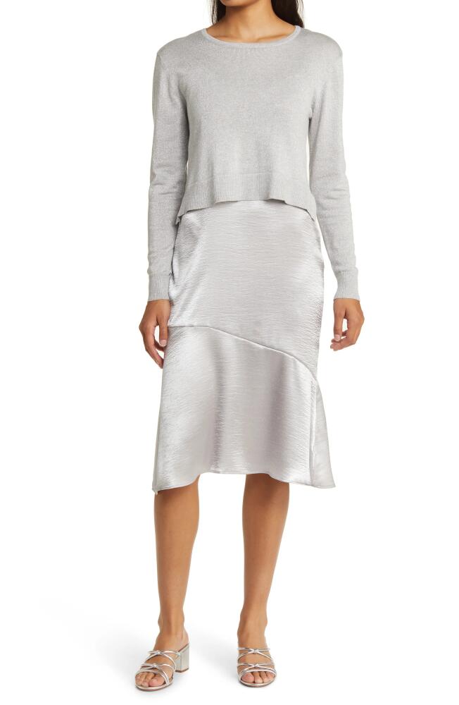 Sam Edelman Satin Slipdress with Metallic Sparkle Boat Neck Sweater in Platinum Cover