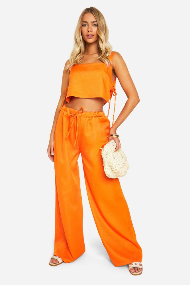 boohoo Womens Textured Linen Look Wide Leg Pants - Orange Cover