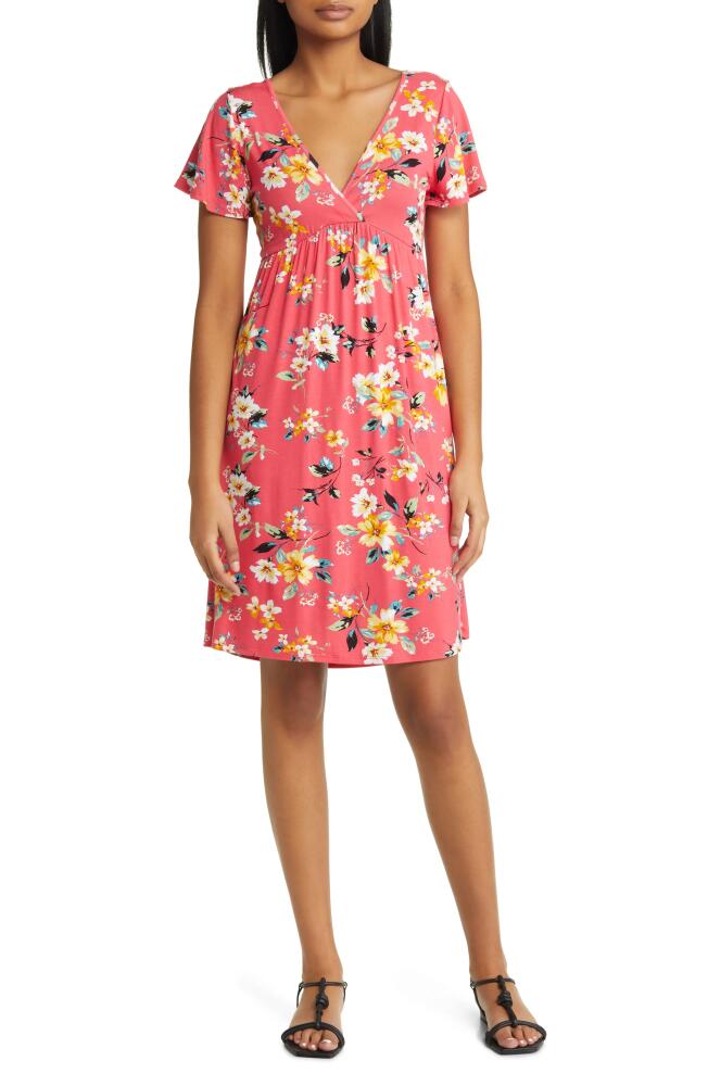 Loveappella Floral Tie Back Surplice V-Neck Knit Minidress in Coral Cover