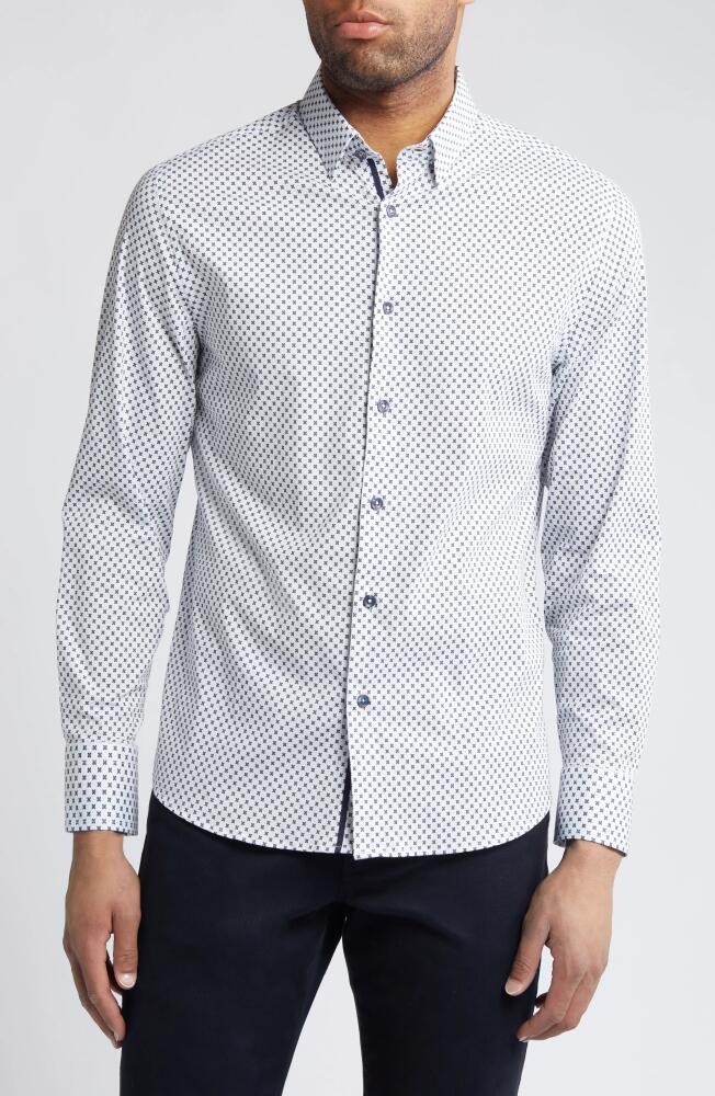 Stone Rose X-Print Stretch Button-Up Shirt in White Cover