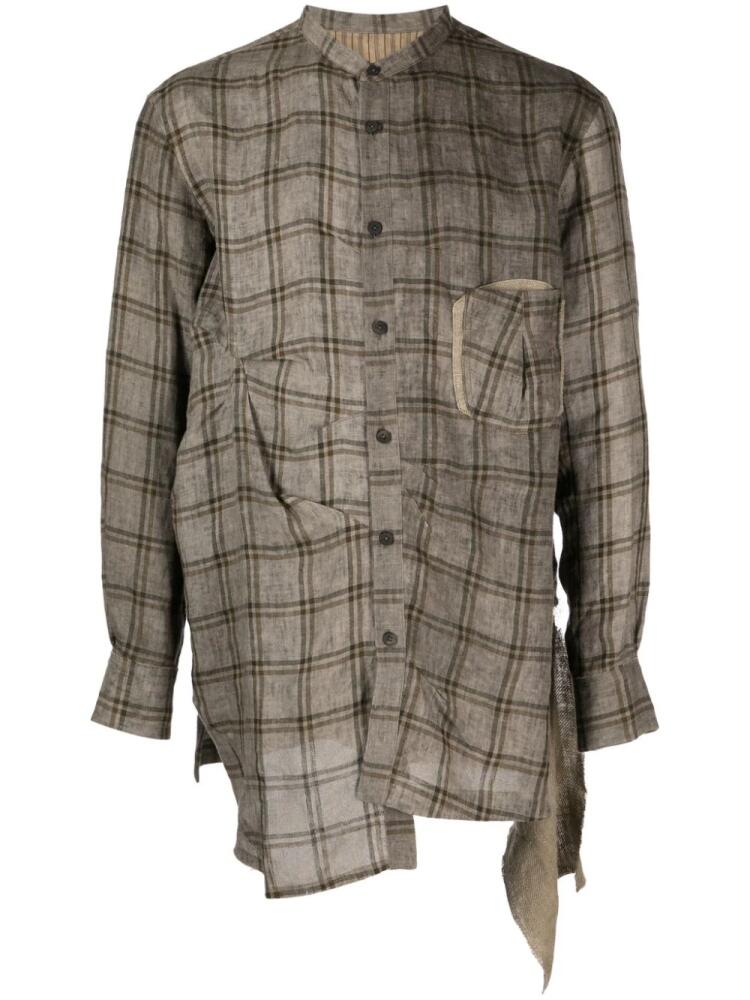 Ziggy Chen check-pattern panelled linen shirt - Brown Cover