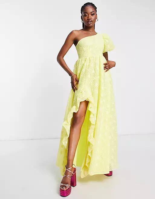 Maya prom floral lace one sleeve maxi dress in yellow Cover