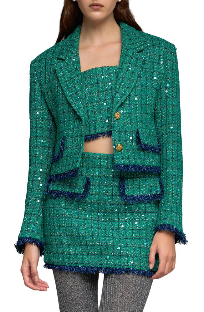 Endless Rose Premium Fringe Sequin Crop Tweed Jacket in Green/Navy Cover