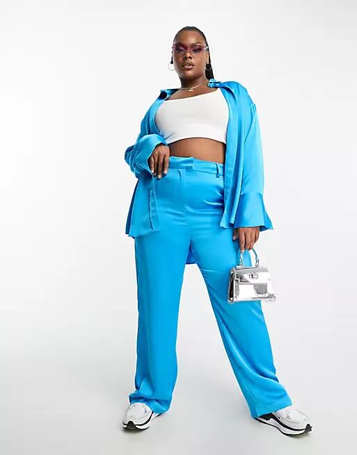 4th & Reckless Plus exclusive satin wide leg pants in electric blue - part of a set Cover