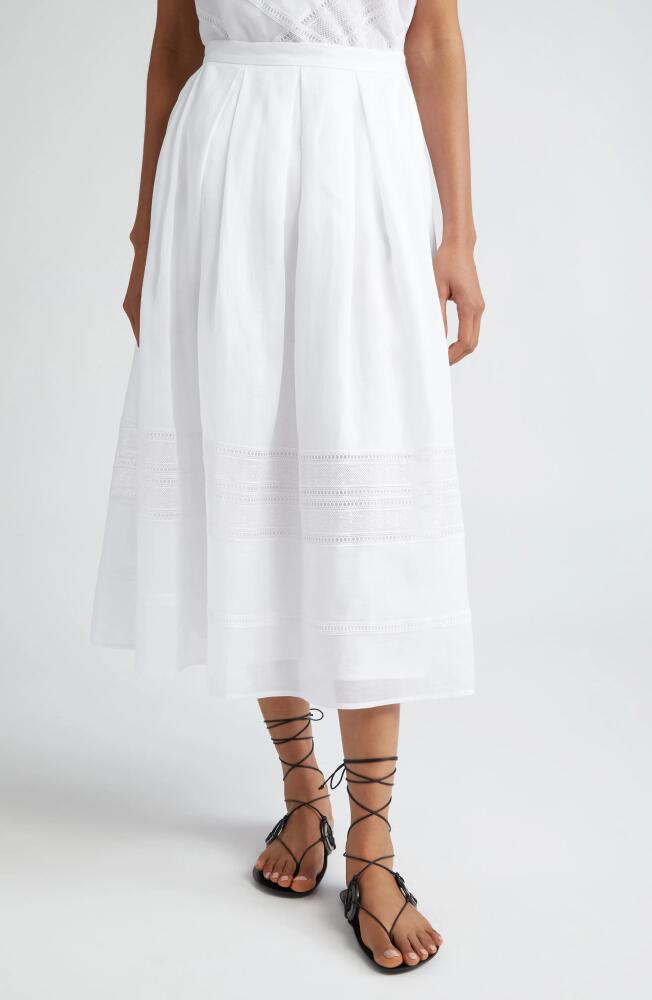 Max Mara Studio Lace Inset Pleated Ramie Midi Skirt in Optical White Cover