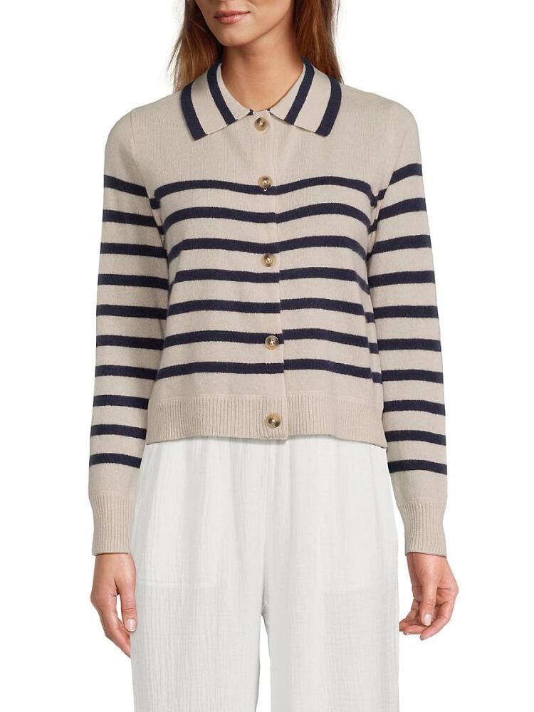 Saks Fifth Avenue Women's 100% Cashmere Long Sleeve Striped Sweater Polo - Sand Eclipse Cover