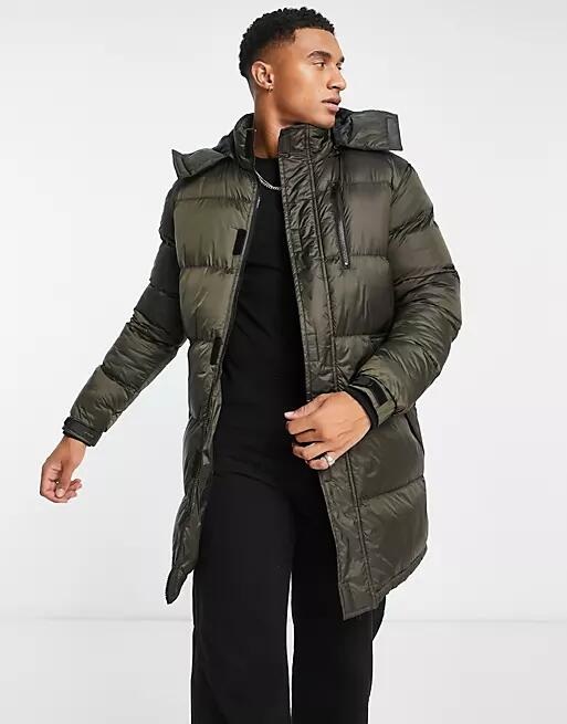 French Connection longline shiny parka jacket in olive-Green Cover