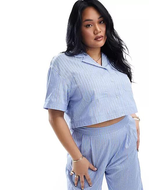 Extro & Vert Plus short sleeve cropped shirt in blue stripe - part of a set Cover