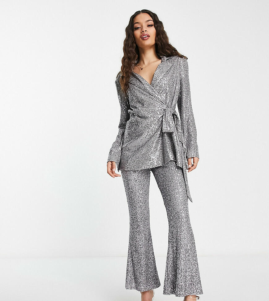 ASOS DESIGN Petite jersey sequin flare pants in gunmetal-Gray Cover