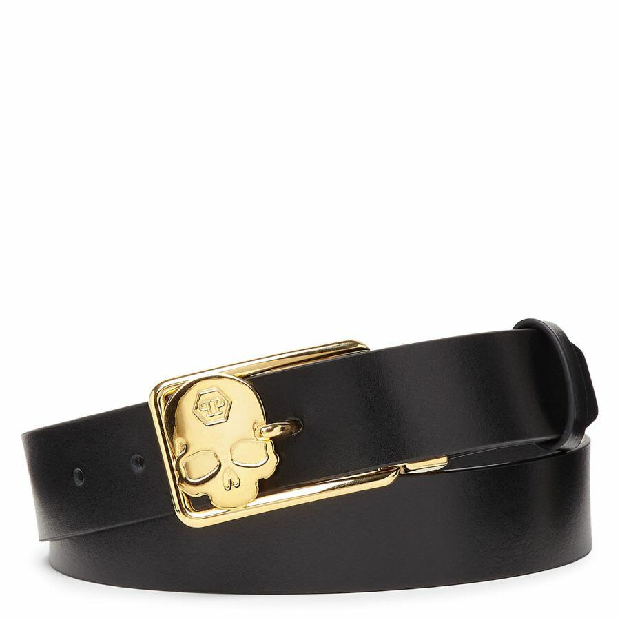 Philipp Plein Black Leather Skull Buckle Adjustable Belt Cover