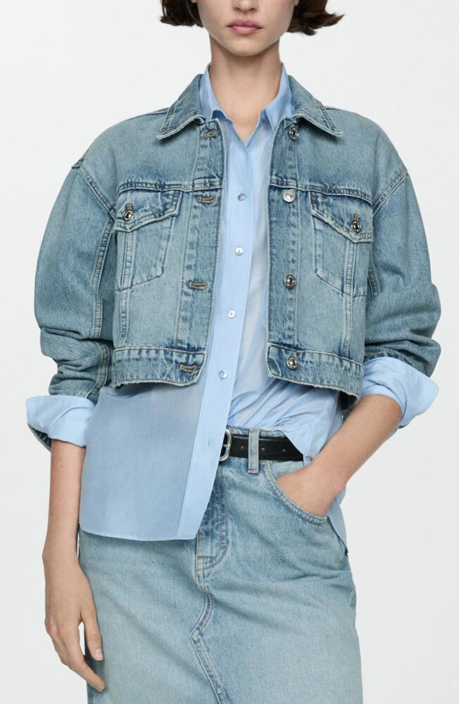 MANGO Crop Denim Trucker Jacket in Medium Blue Cover