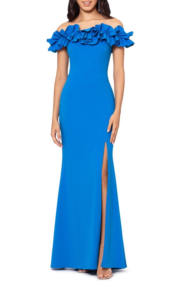 Xscape Evenings Off the Shoulder Ruffle Crepe Trumpet Gown in Turquoise Cover