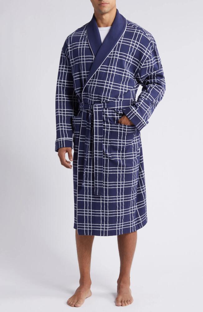 Majestic International Summeritme Blues Windowpane Check Cotton Knit Robe in Navy Windowpane Cover