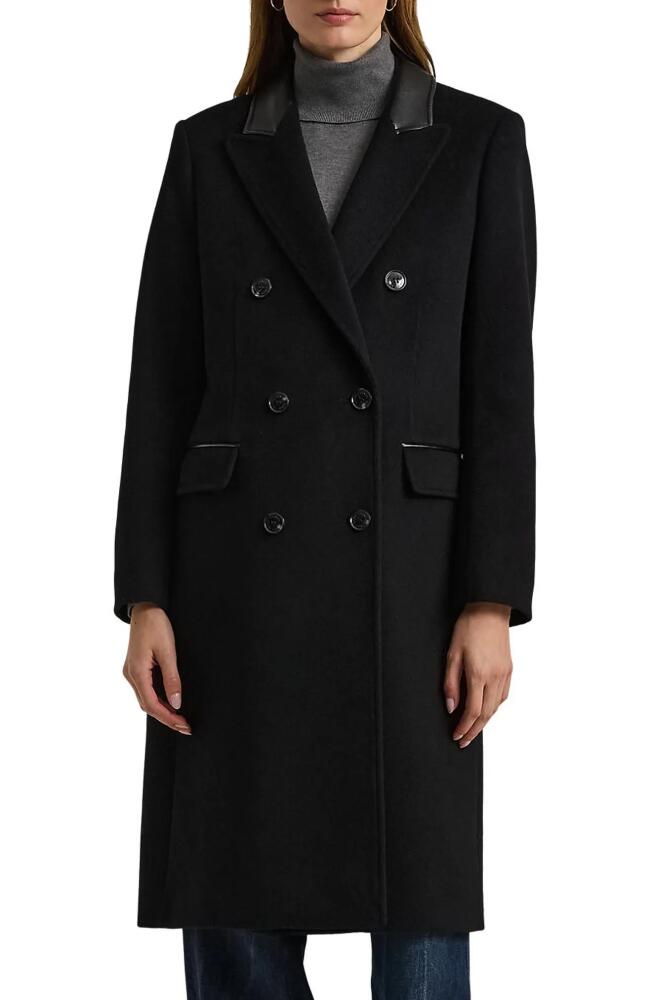 Lauren Ralph Lauren Faux Leather Trim Double Breasted Wool Blend Reefer Coat in Black Cover