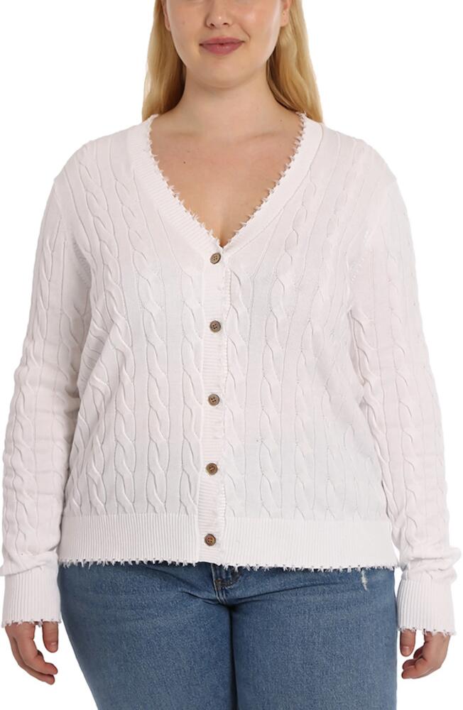 MINNIE ROSE Frayed V-Neck Cable Knit Cotton Cardigan in White Cover