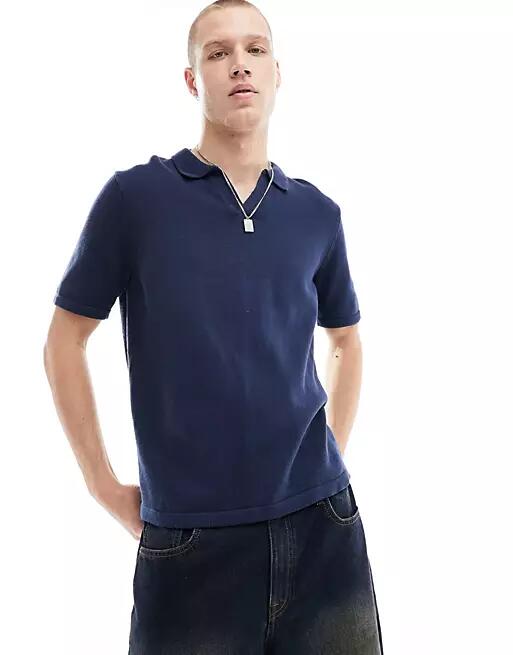 ASOS DESIGN knit midweight cotton notch neck polo in navy Cover