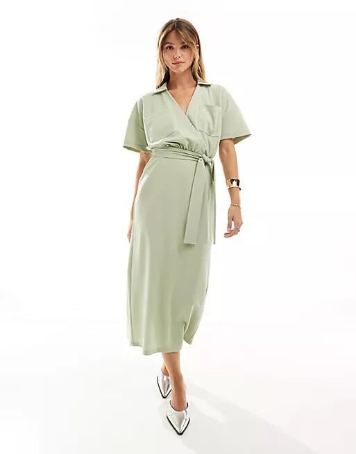 ASOS DESIGN utility collared belt bodycon midi dress in sage green Cover