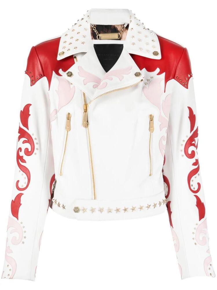 Philipp Plein cowboy intarsia leather jacket - White Cover