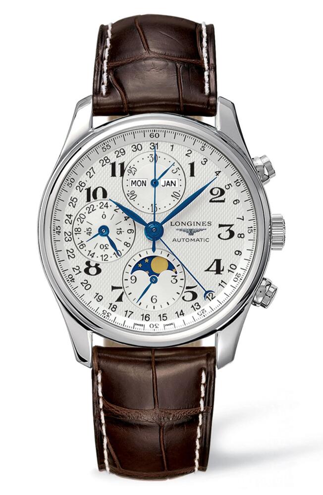 Longines Master Automatic Chronograph Leather Strap Watch, 40mm in Brown/Silver/dnu Cover