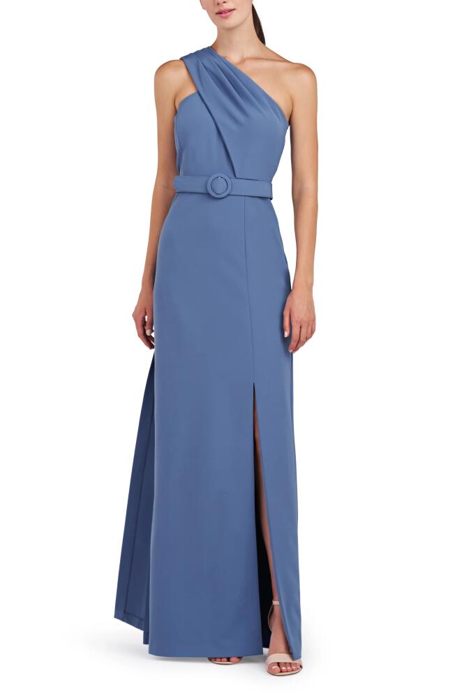 Kay Unger Bowie One-Shoulder Belted Gown in Mediterranean Blue Cover