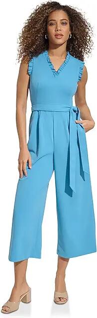 Calvin Klein V-Neck Jumpsuit with Ruffle Trim (Steel Blue) Women's Dress Cover