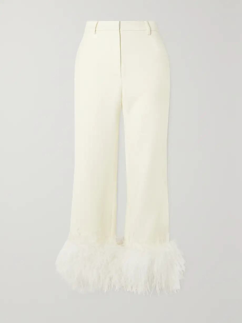 Magda Butrym - Feather-trimmed Wool-twill Straight-leg Pants - White Cover