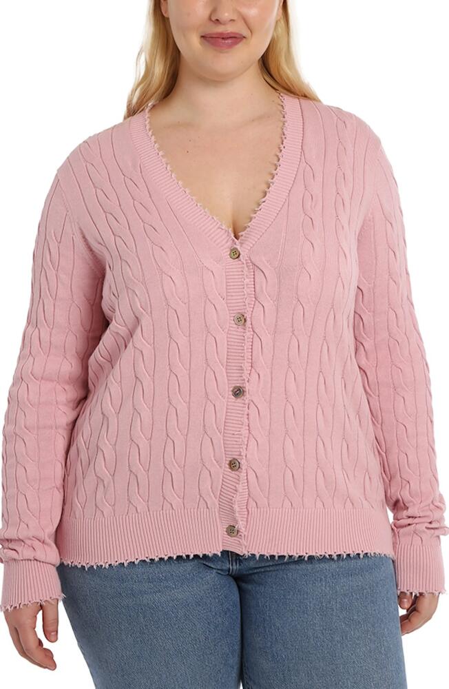 MINNIE ROSE Frayed V-Neck Cable Knit Cotton Cardigan in Pink Pearl Cover