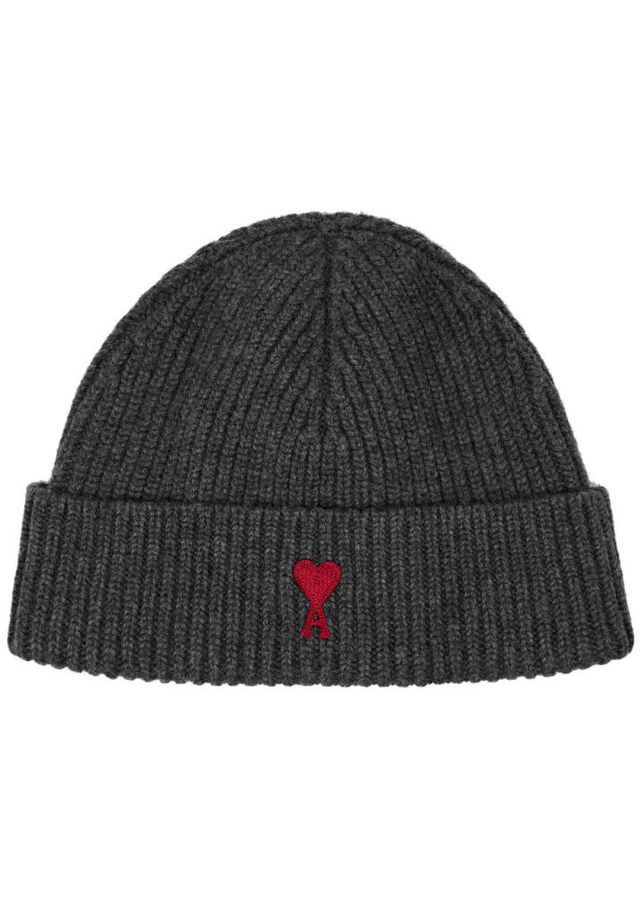 Ami Paris Logo-embroidered Ribbed Wool Beanie - Grey Cover