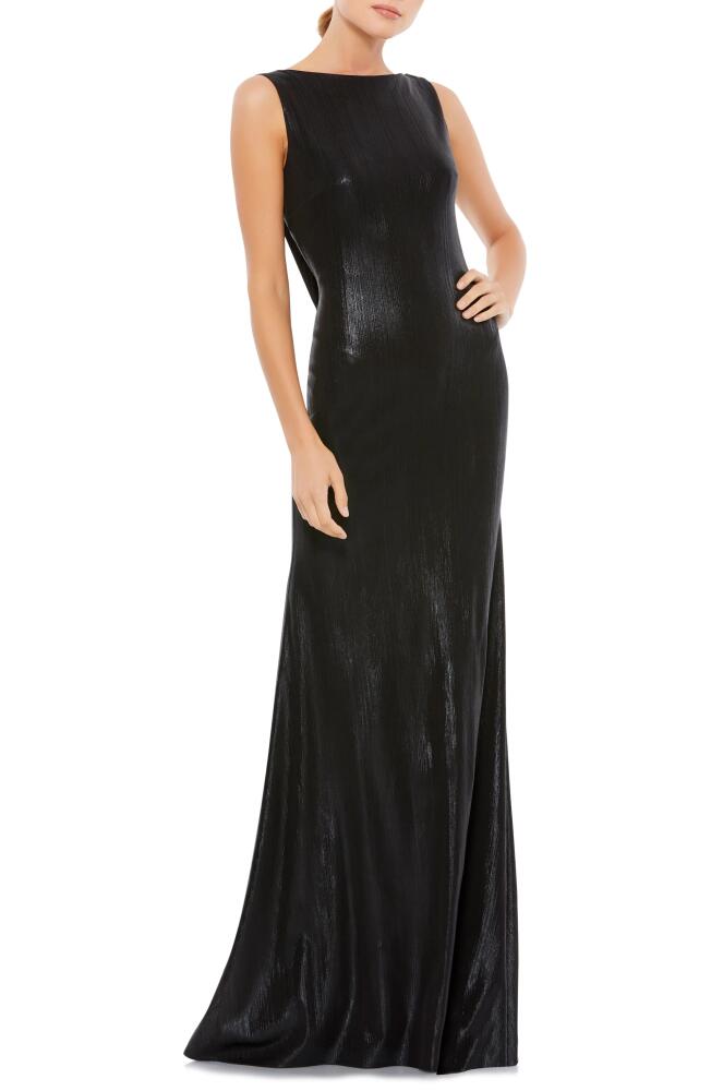 Ieena for Mac Duggal Metallic Bateau Neck Column Gown in Black Cover