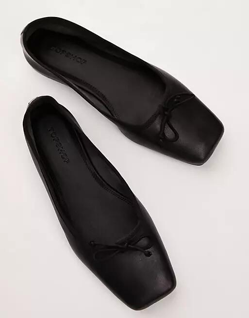 Topshop Bethany leather square toe unlined ballet flats in black Cover