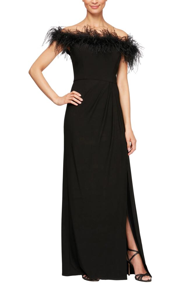 Alex Evenings Feather Trimmed Off the Shoulder Gown in Black Royal Cover