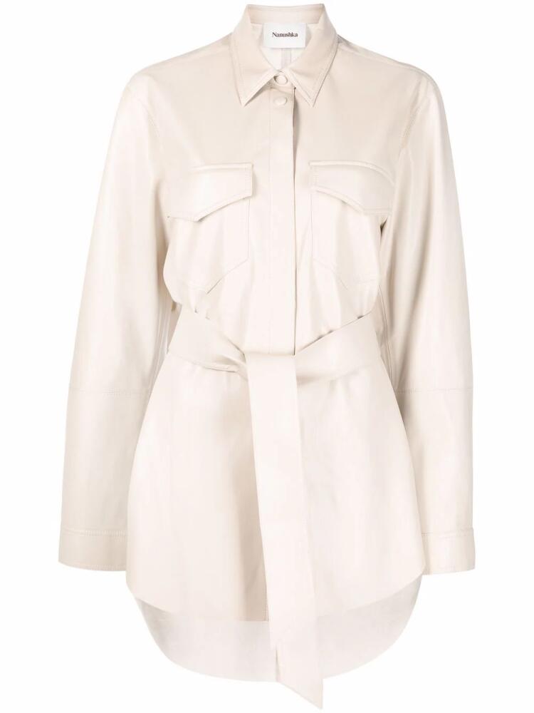 Nanushka vegan-leather belted oversize shirt - Neutrals Cover