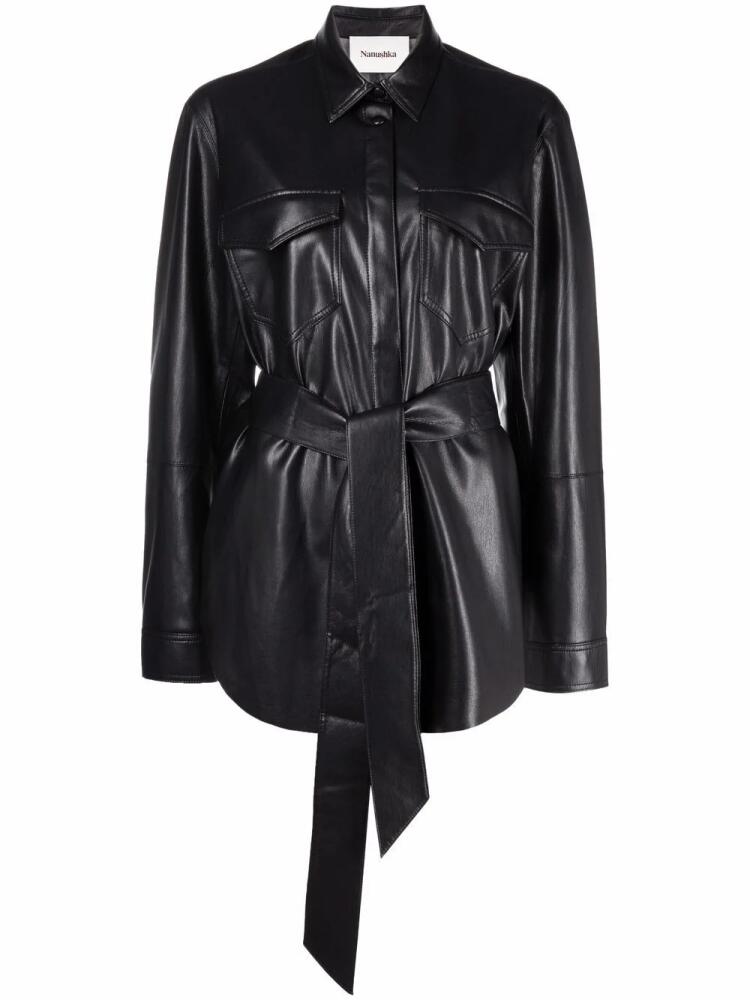 Nanushka vegan-leather belted oversize shirt - Black Cover