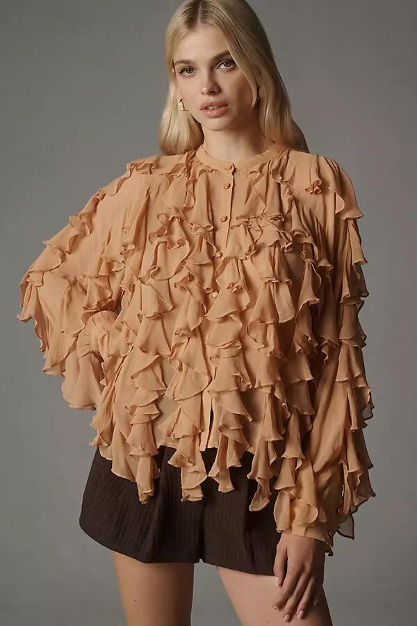 By Anthropologie Sheer Ruffle Buttondown Blouse Cover